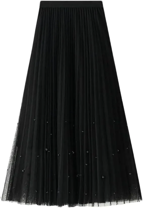 Women's High Waist Slim Fit A-Line Skirt Solid Color Pleated Casual Midi Skirt
