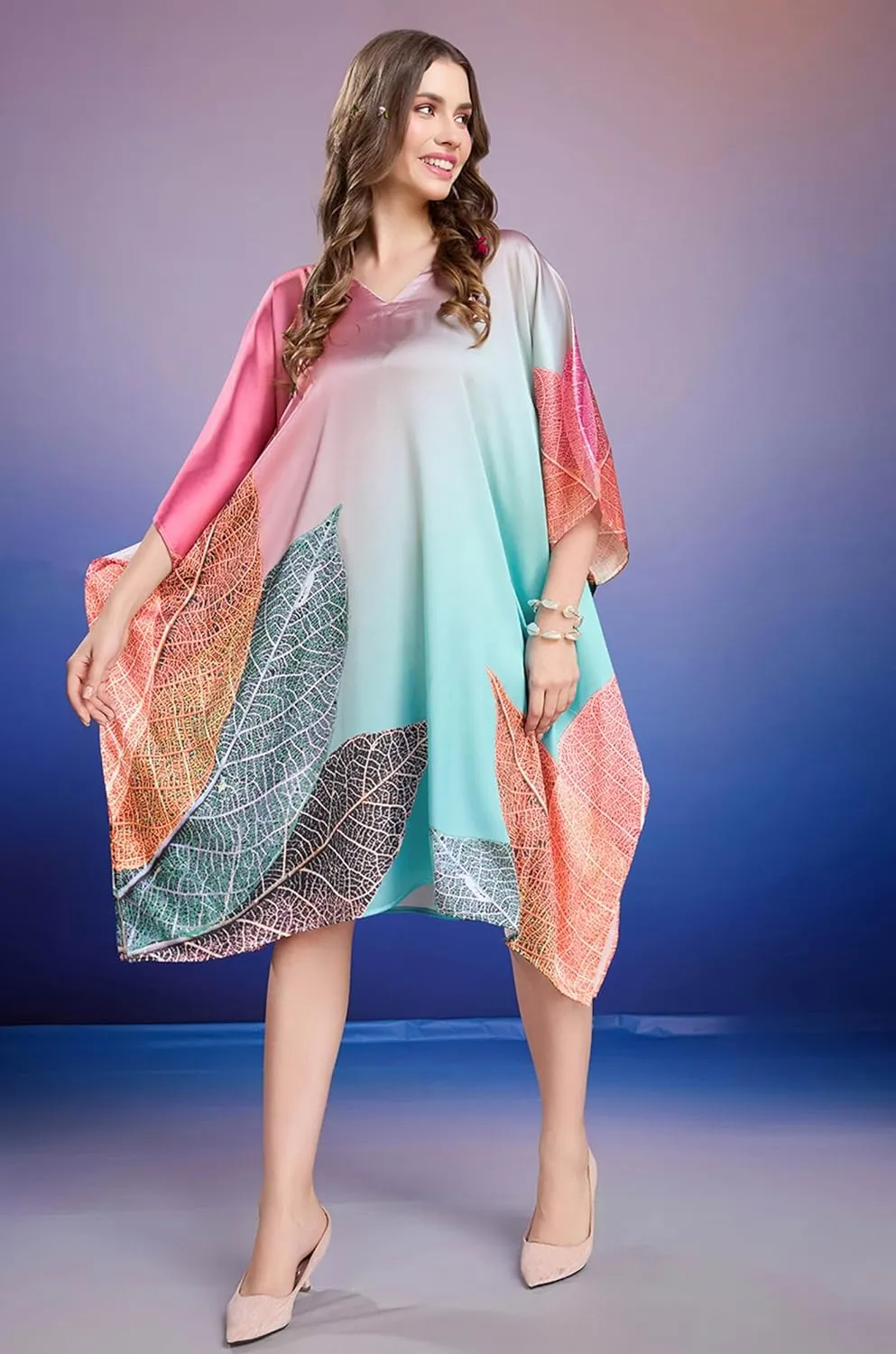 Women's Kaftan Dresses for Swimsuit Coverup | Soft Satin Short Plus Size Beach Maxi | Digital Print | Hidden Adjustable Belt