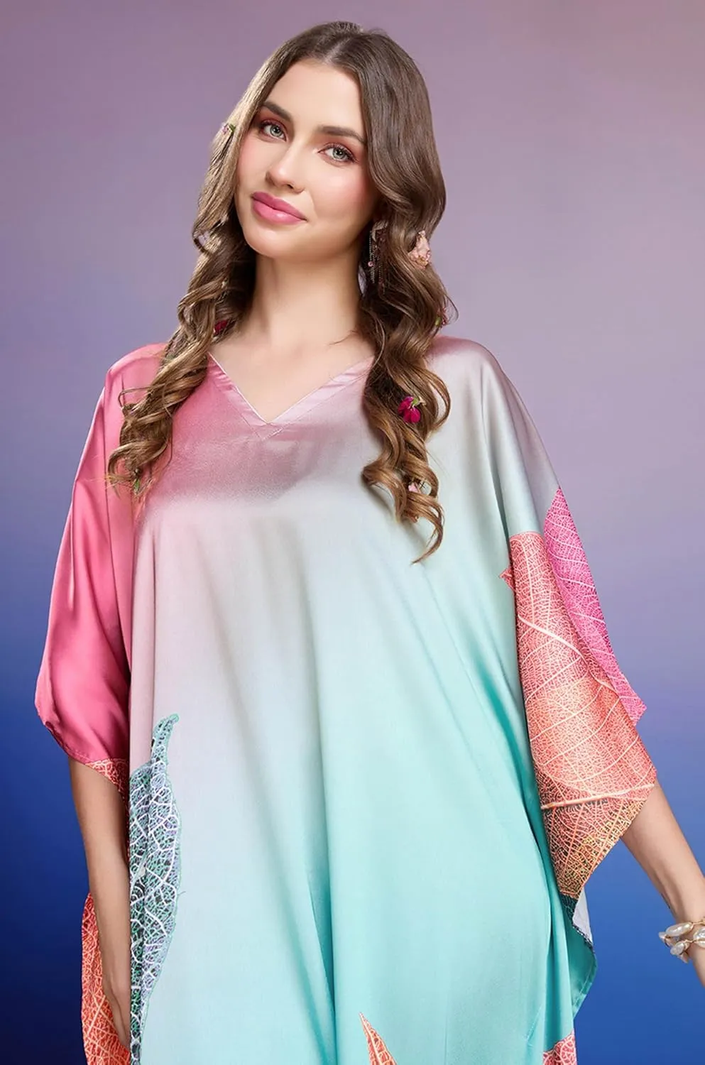 Women's Kaftan Dresses for Swimsuit Coverup | Soft Satin Short Plus Size Beach Maxi | Digital Print | Hidden Adjustable Belt