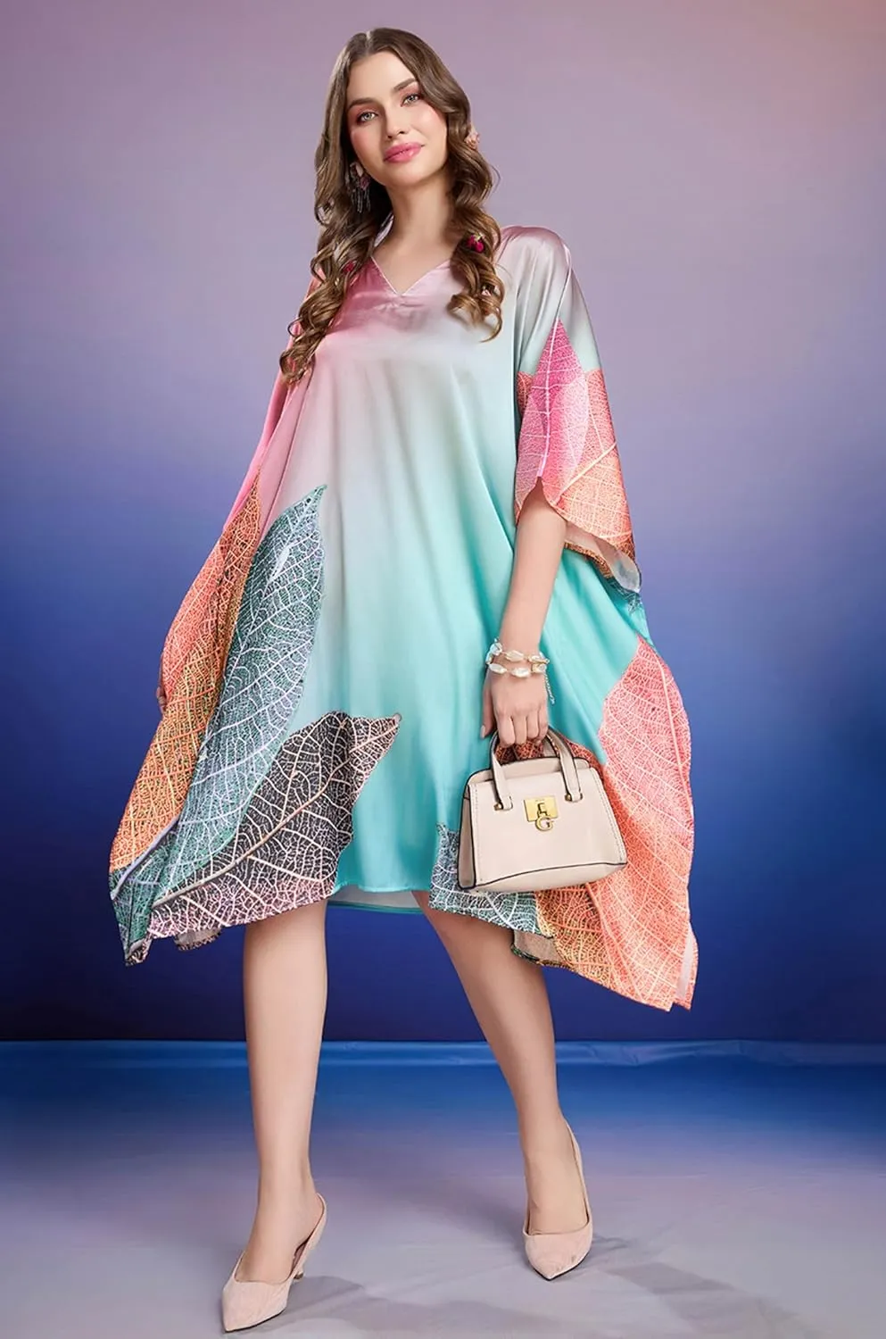 Women's Kaftan Dresses for Swimsuit Coverup | Soft Satin Short Plus Size Beach Maxi | Digital Print | Hidden Adjustable Belt