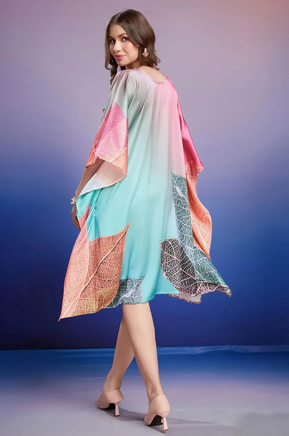 Women's Kaftan Dresses for Swimsuit Coverup | Soft Satin Short Plus Size Beach Maxi | Digital Print | Hidden Adjustable Belt