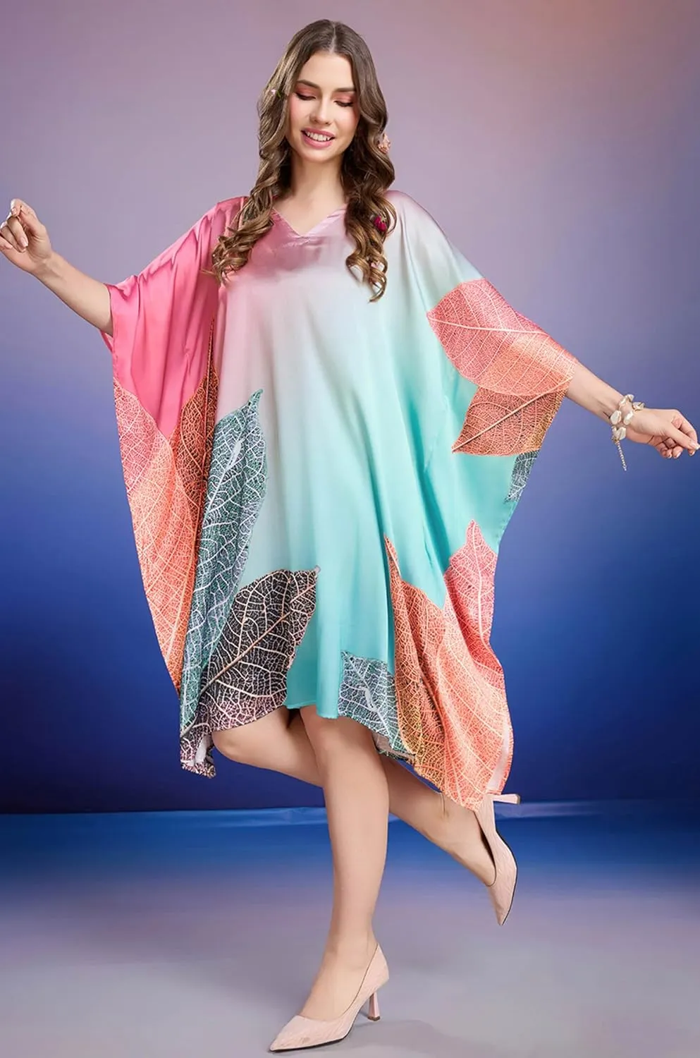 Women's Kaftan Dresses for Swimsuit Coverup | Soft Satin Short Plus Size Beach Maxi | Digital Print | Hidden Adjustable Belt