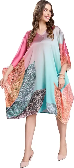 Women's Kaftan Dresses for Swimsuit Coverup | Soft Satin Short Plus Size Beach Maxi | Digital Print | Hidden Adjustable Belt