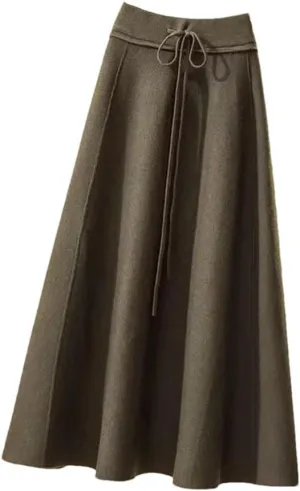 Women's Knitted Midi Skirts High Waist Pleated A Line Skirt Elegant Winter Lace Up Slim Casual Skirt