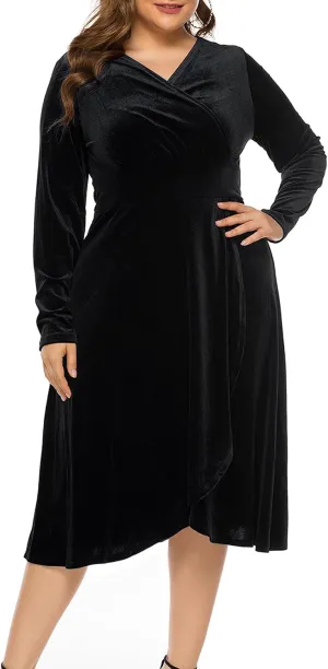 Women's Long Sleeve V Neck Velvet Midi Dress A-line Ruffle Elegant Cocktail Party Dress Plus Size Flare Dresses