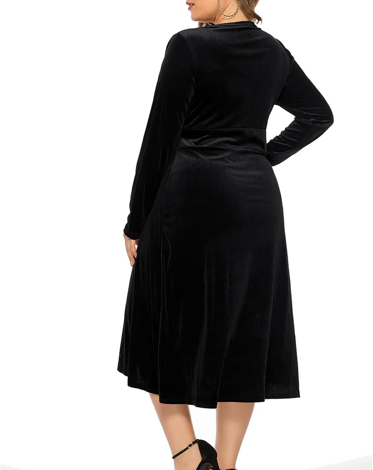 Women's Long Sleeve V Neck Velvet Midi Dress A-line Ruffle Elegant Cocktail Party Dress Plus Size Flare Dresses