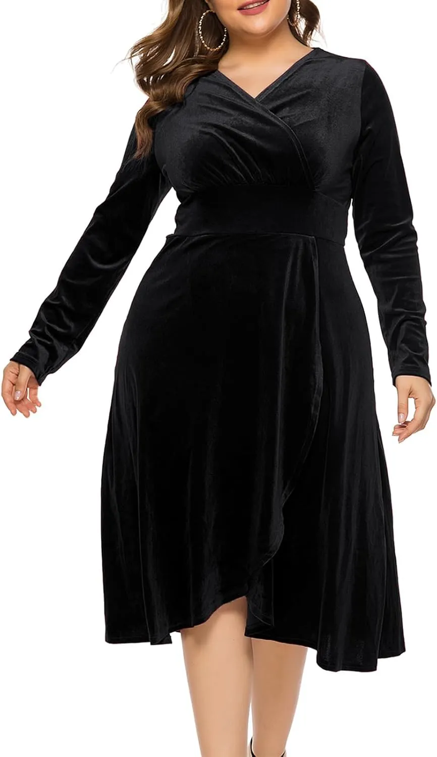 Women's Long Sleeve V Neck Velvet Midi Dress A-line Ruffle Elegant Cocktail Party Dress Plus Size Flare Dresses