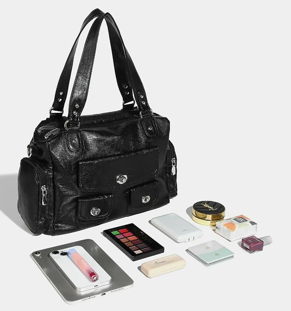 Womens Multi Pocket Shoulder Bag Large Y2k Rivet Tote Crossbody Purse Top Handle Satchels Vegan Leather Handbags