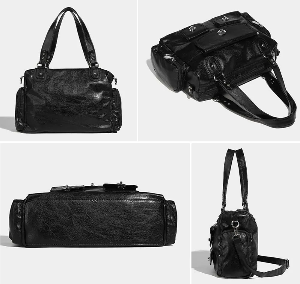 Womens Multi Pocket Shoulder Bag Large Y2k Rivet Tote Crossbody Purse Top Handle Satchels Vegan Leather Handbags