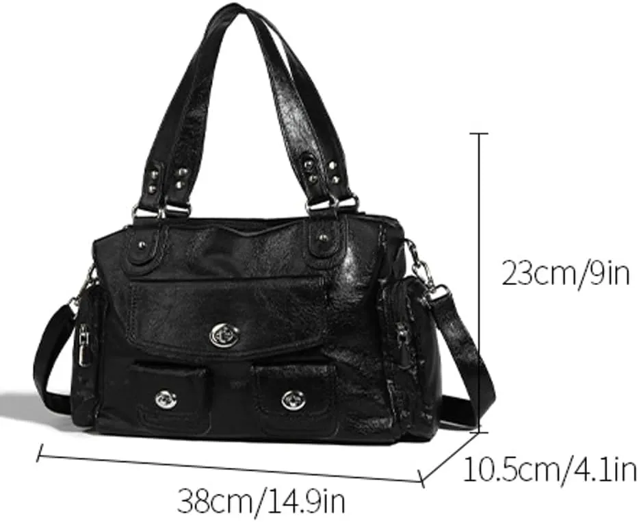Womens Multi Pocket Shoulder Bag Large Y2k Rivet Tote Crossbody Purse Top Handle Satchels Vegan Leather Handbags