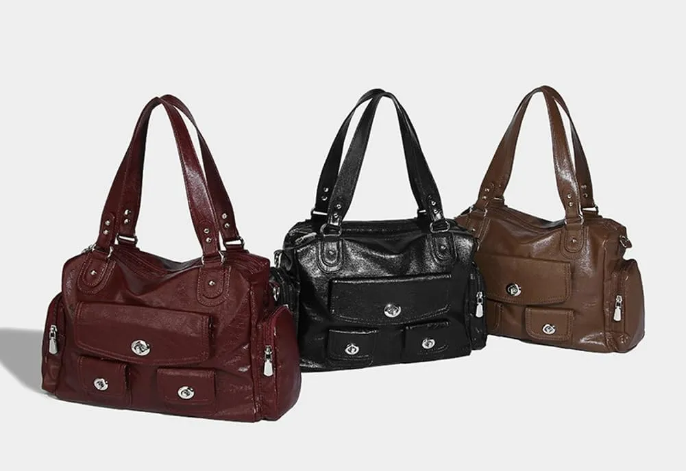 Womens Multi Pocket Shoulder Bag Large Y2k Rivet Tote Crossbody Purse Top Handle Satchels Vegan Leather Handbags
