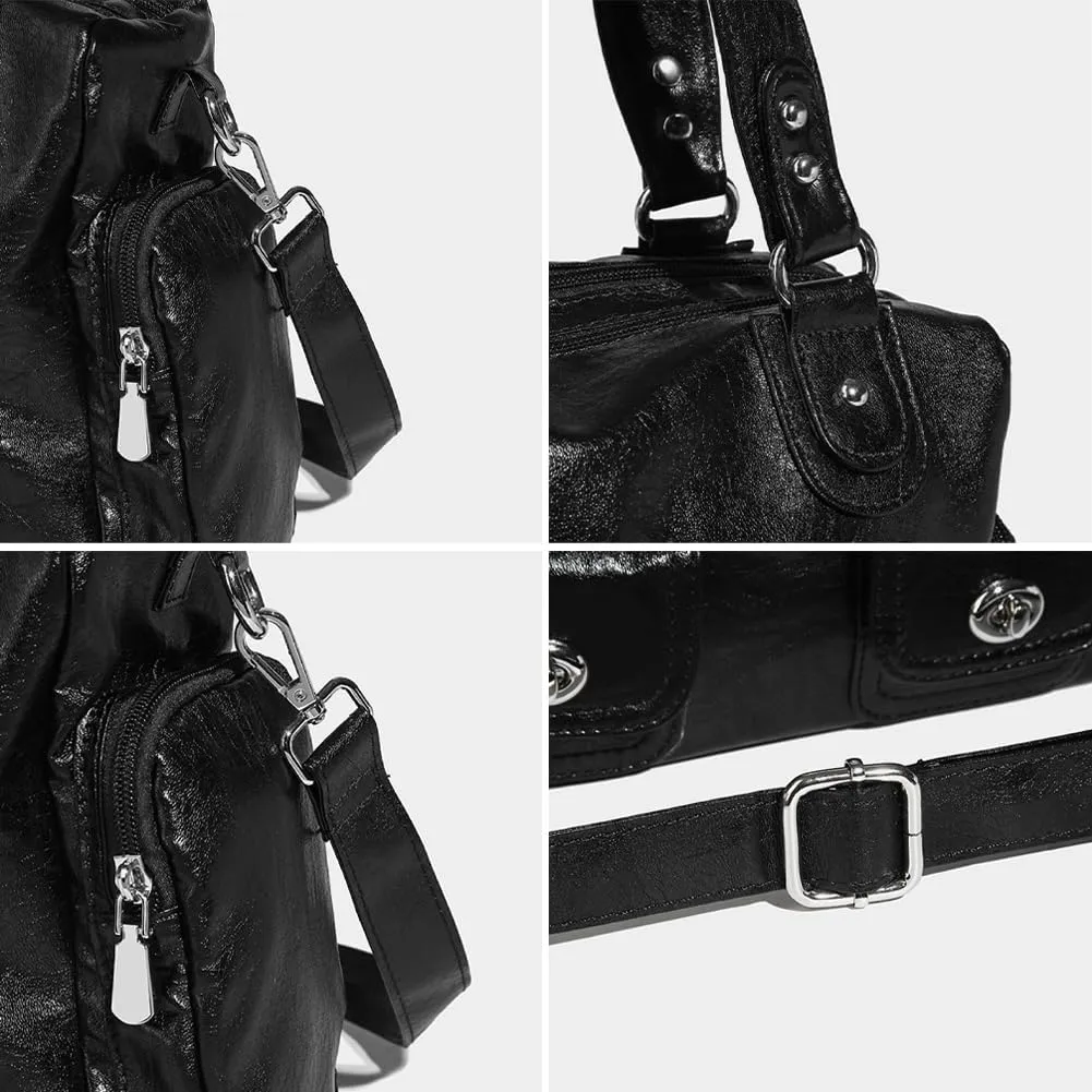 Womens Multi Pocket Shoulder Bag Large Y2k Rivet Tote Crossbody Purse Top Handle Satchels Vegan Leather Handbags