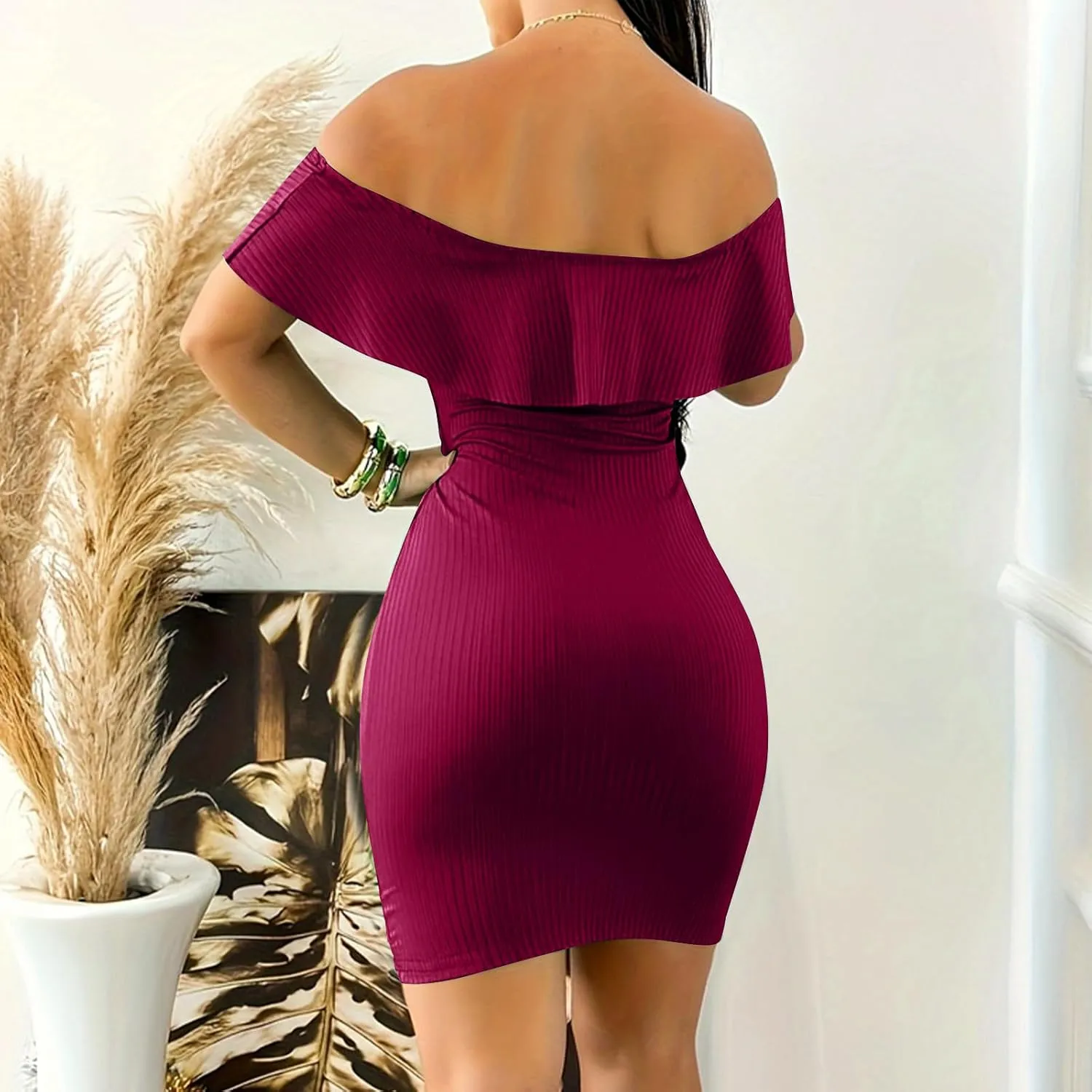 Women's Off The Shoulder Bodycon Mini Dress Slim Fit Elegant Ruffle Party Club Cocktail Dresses