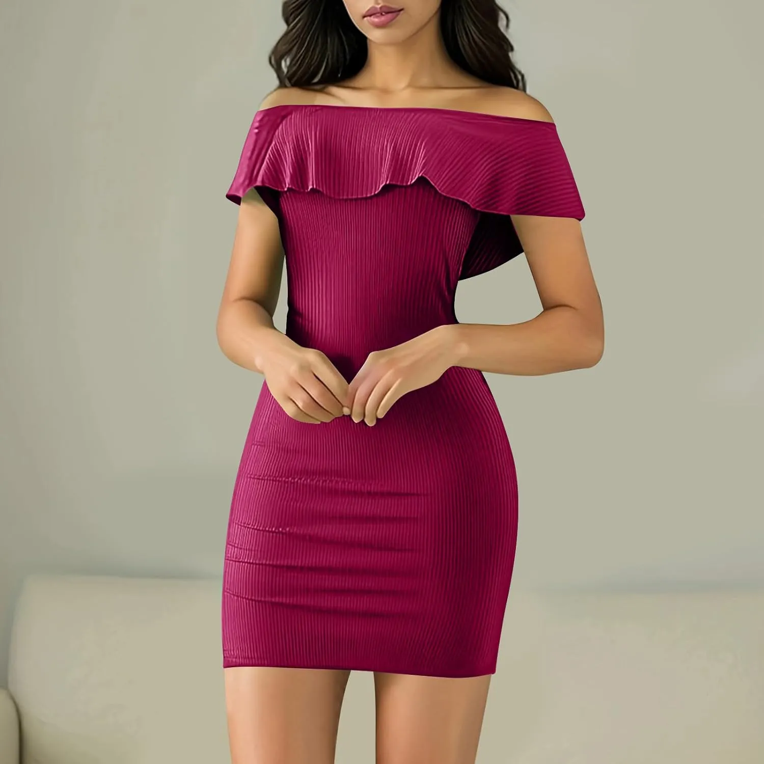 Women's Off The Shoulder Bodycon Mini Dress Slim Fit Elegant Ruffle Party Club Cocktail Dresses