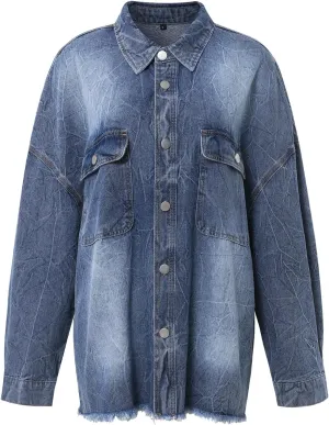 Women's Oversized Distressed Denim Jacket, Long Sleeve Button Down Jean Coat