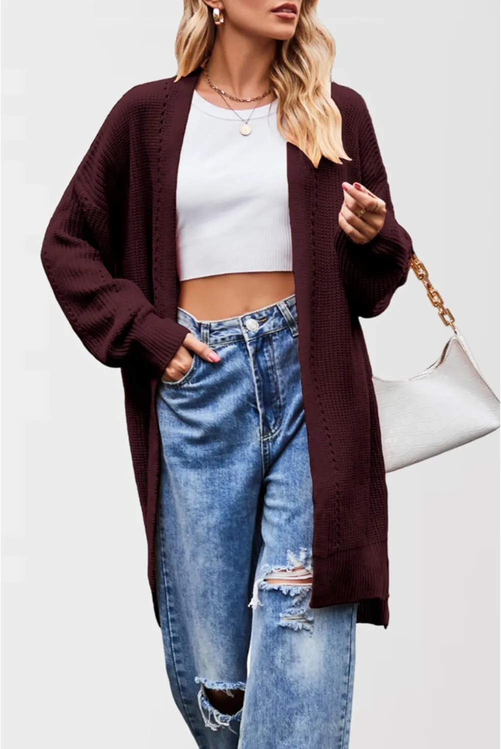 Women's Oversized Open Front Cardigan Lightweight Long Sleeve Knit Sweater with Pockets