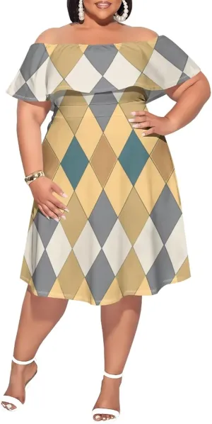 Women's Plus Size Summer Dresses Sexy Casual Plaid Off The Shoulder Short Sleeve Ruffle A Line Midi DressXL-6XL