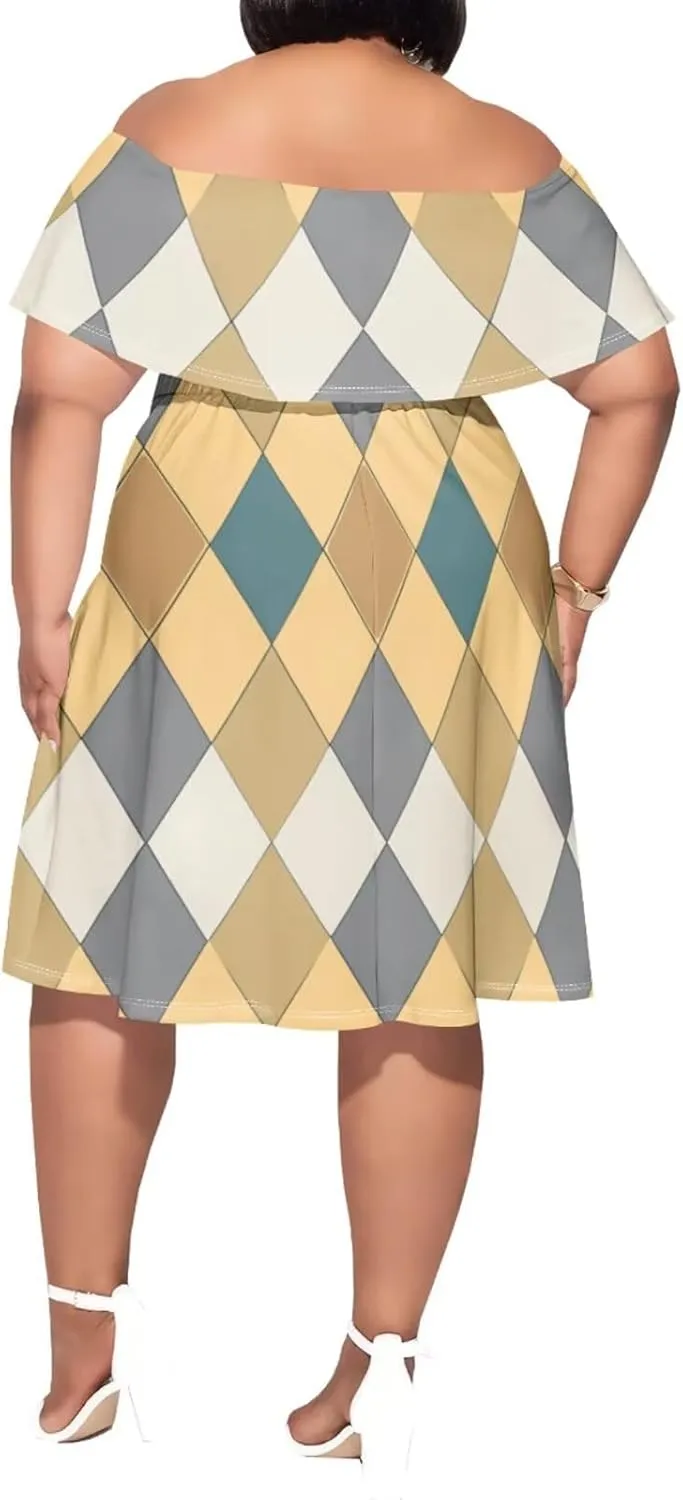 Women's Plus Size Summer Dresses Sexy Casual Plaid Off The Shoulder Short Sleeve Ruffle A Line Midi DressXL-6XL