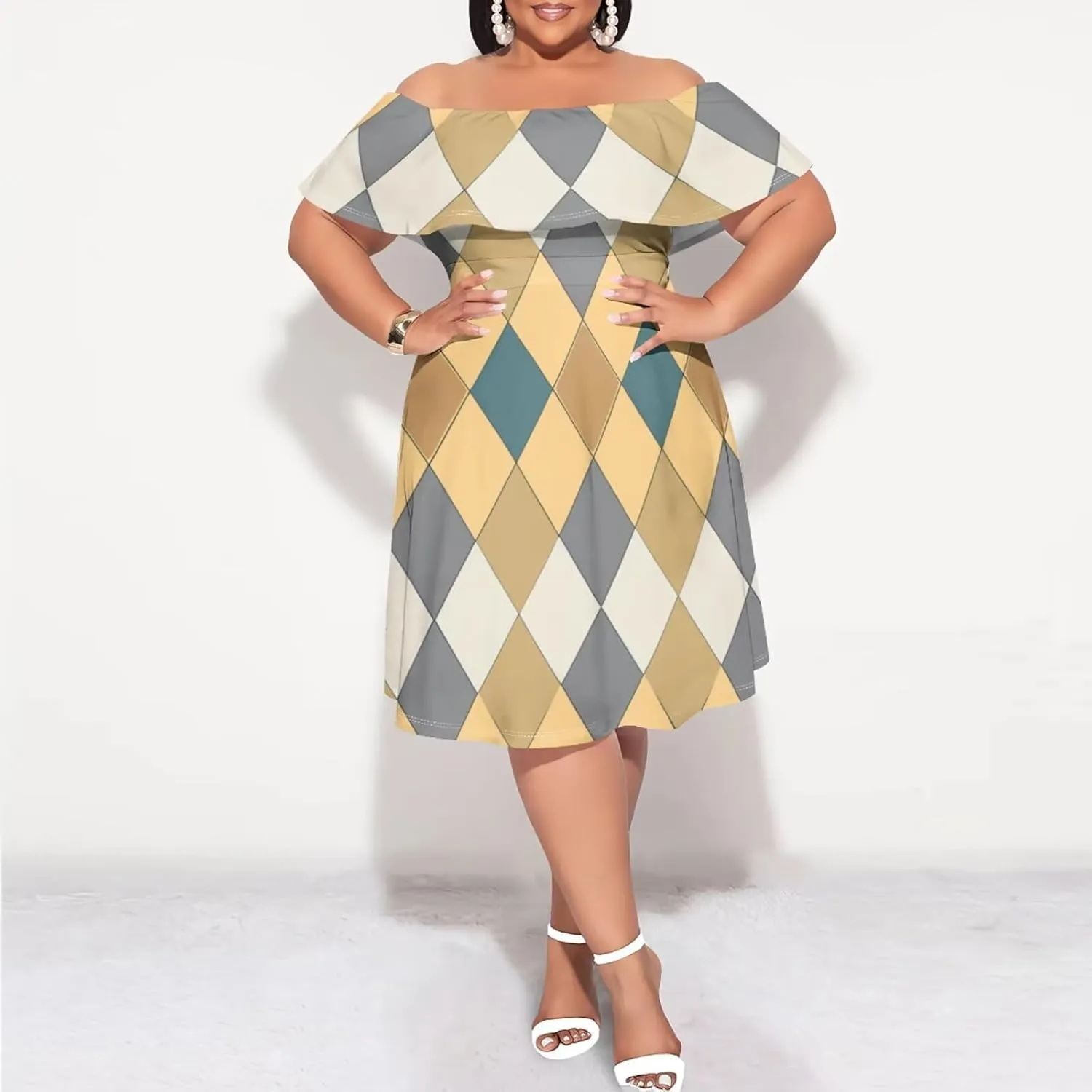 Women's Plus Size Summer Dresses Sexy Casual Plaid Off The Shoulder Short Sleeve Ruffle A Line Midi DressXL-6XL