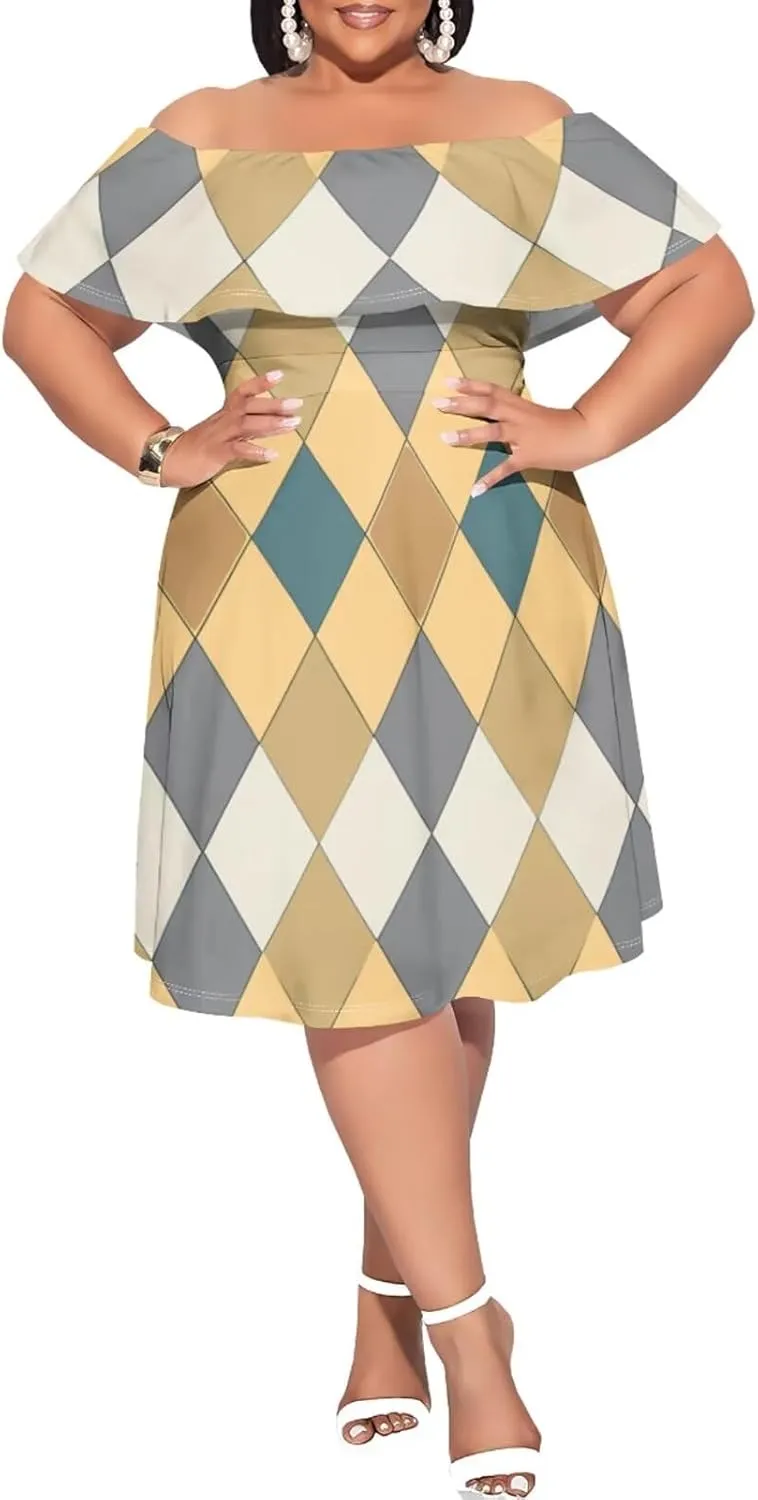 Women's Plus Size Summer Dresses Sexy Casual Plaid Off The Shoulder Short Sleeve Ruffle A Line Midi DressXL-6XL