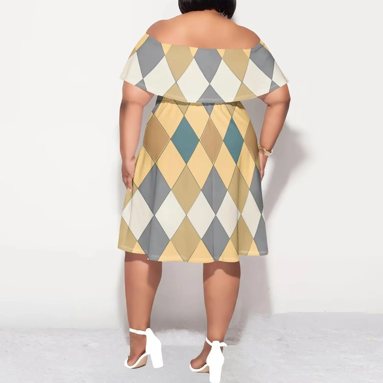Women's Plus Size Summer Dresses Sexy Casual Plaid Off The Shoulder Short Sleeve Ruffle A Line Midi DressXL-6XL