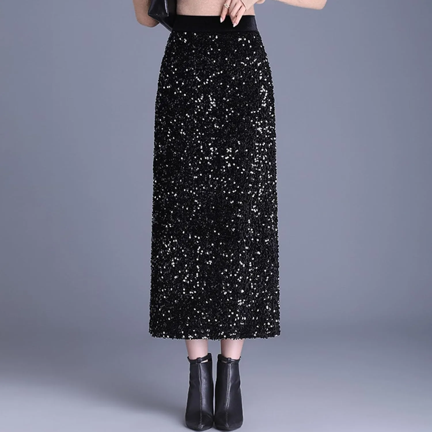 Womens Sequin Long Skirt Elastic High Waist Back Split Slim Dressy Evening Straight Skirt Summer Fall Fashion Skirt