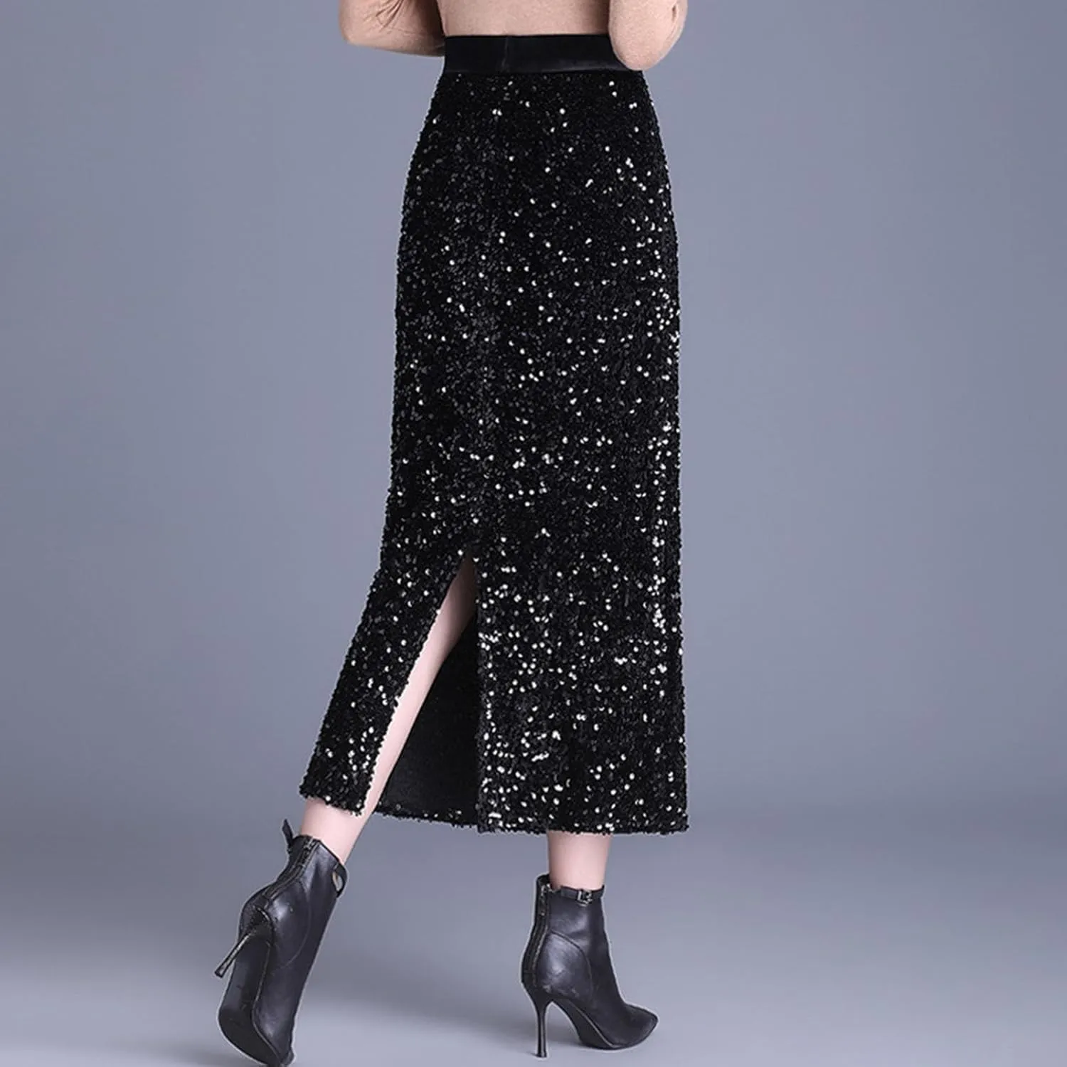Womens Sequin Long Skirt Elastic High Waist Back Split Slim Dressy Evening Straight Skirt Summer Fall Fashion Skirt
