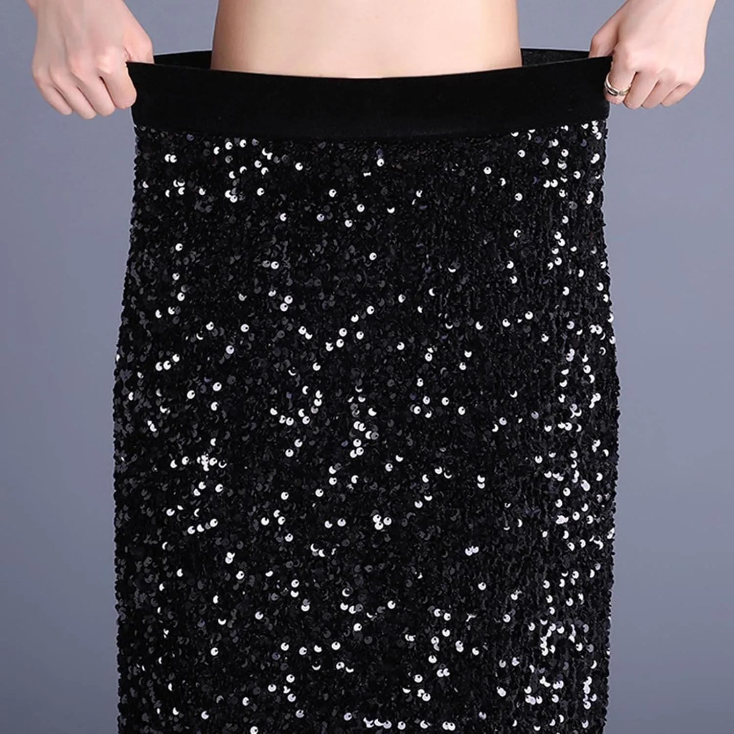 Womens Sequin Long Skirt Elastic High Waist Back Split Slim Dressy Evening Straight Skirt Summer Fall Fashion Skirt