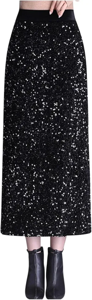 Womens Sequin Long Skirt Elastic High Waist Back Split Slim Dressy Evening Straight Skirt Summer Fall Fashion Skirt