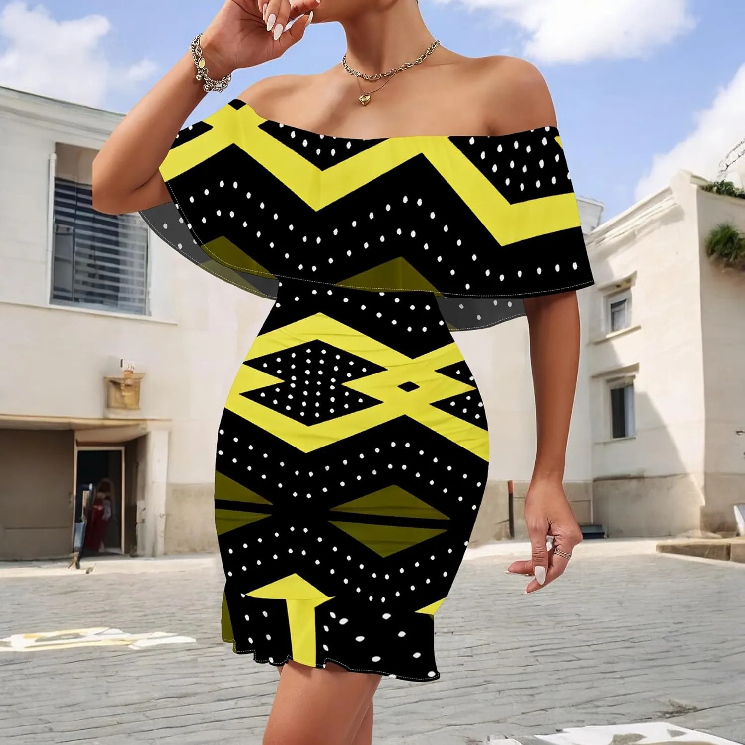 Women's Sexy Off The Shoulder Bodycon Mini Dresses Summer Casual Trendy Slim Ruched Ruffle Hem Cocktail Party Club Dresses
