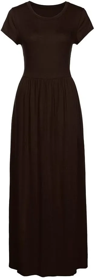 Womens Short Sleeve Plain Maxi Dresses 2024 Casual Empire Waist Long Dresses Loose Summer Soft Skirts with Pockets