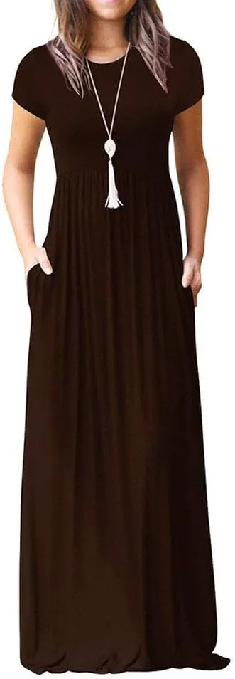 Womens Short Sleeve Plain Maxi Dresses 2024 Casual Empire Waist Long Dresses Loose Summer Soft Skirts with Pockets