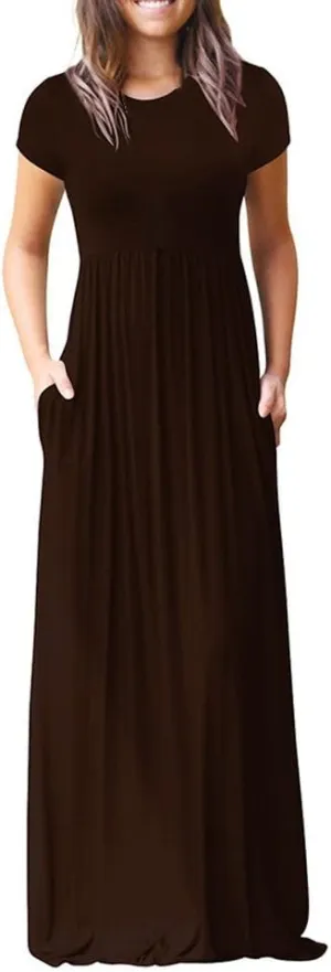 Womens Short Sleeve Plain Maxi Dresses 2024 Casual Empire Waist Long Dresses Loose Summer Soft Skirts with Pockets