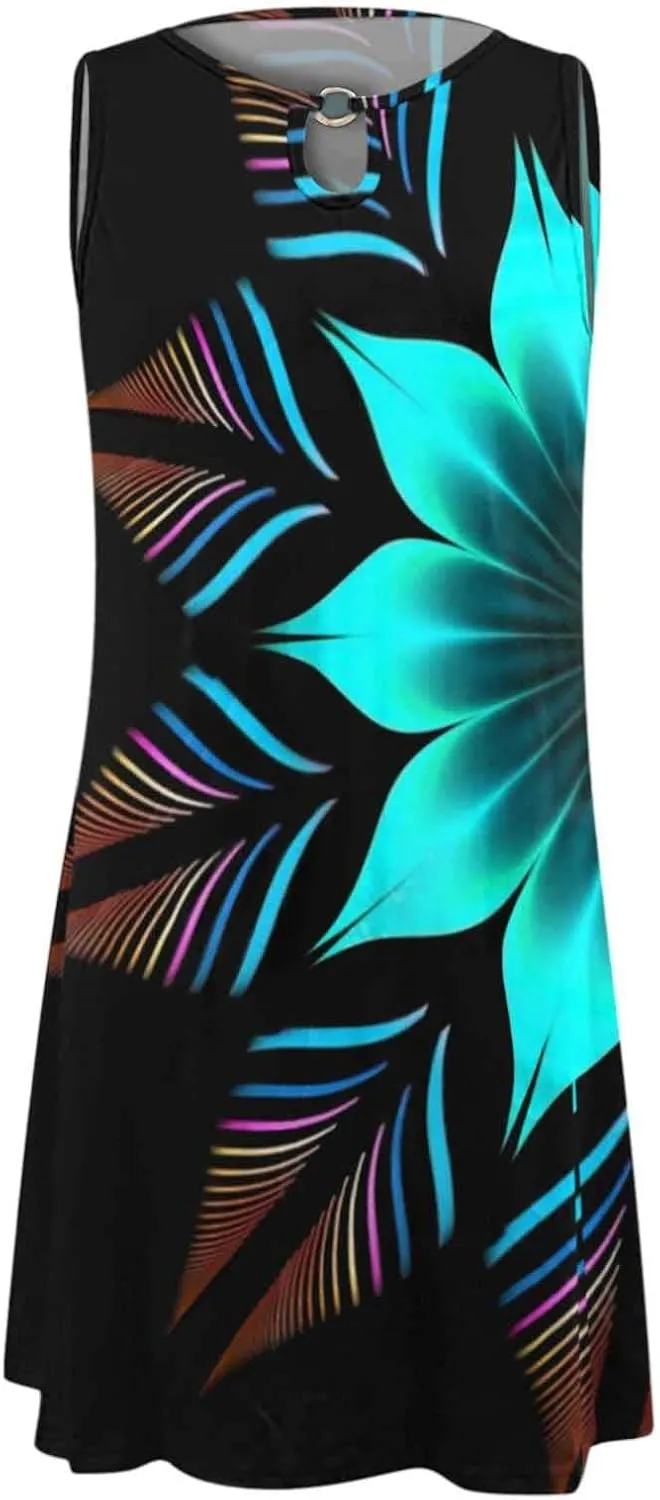 Women's Sleeveless Boho Tank Dress Cute Ruffle Flowy Beach Sundress Vacation Mini Dress Knee Length Maxi Dresses