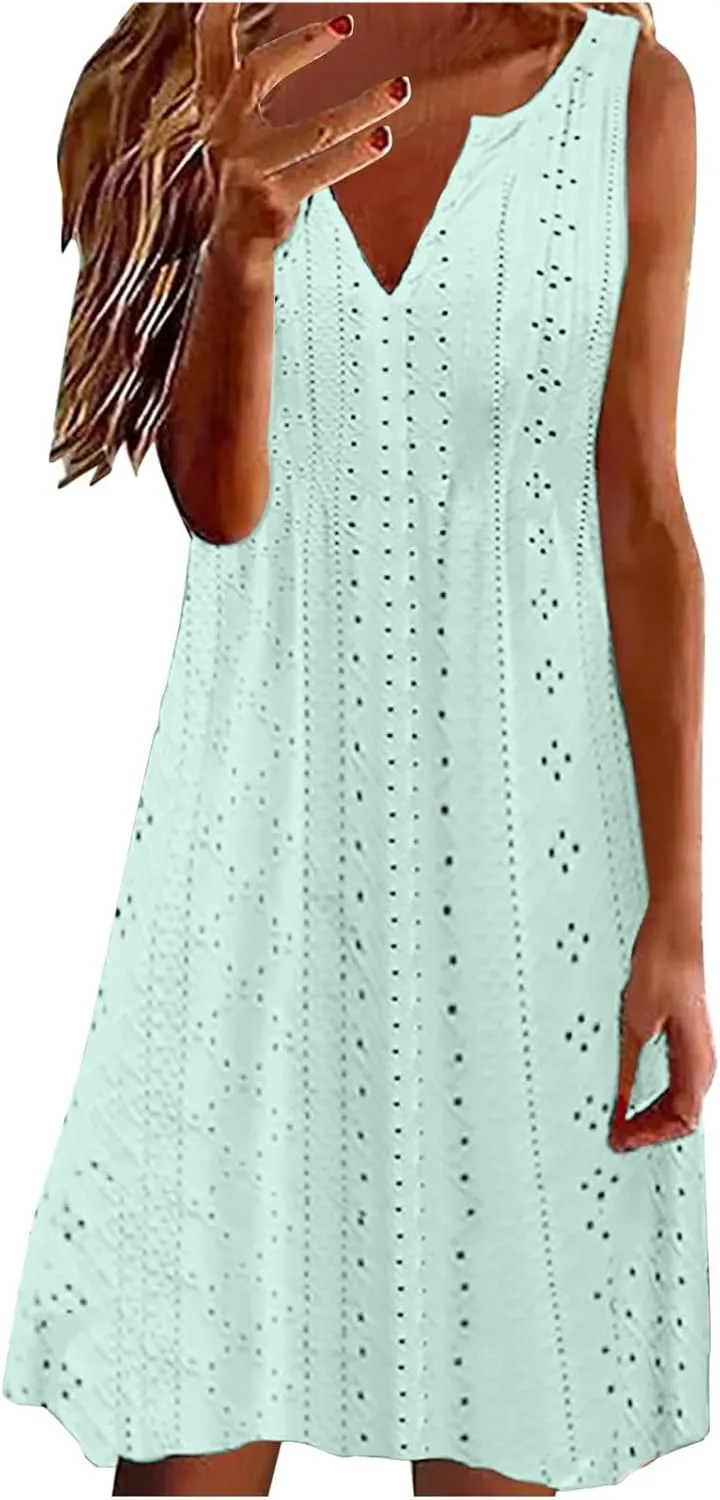 Women's Sleeveless V Neck Eyelet Dress Summer Casual Loose Fit Midi Sundress Elegant Beach Vacation Outfit