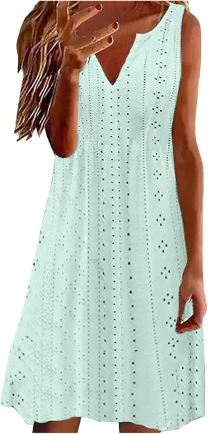 Women's Sleeveless V Neck Eyelet Dress Summer Casual Loose Fit Midi Sundress Elegant Beach Vacation Outfit