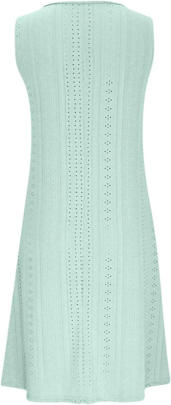 Women's Sleeveless V Neck Eyelet Dress Summer Casual Loose Fit Midi Sundress Elegant Beach Vacation Outfit