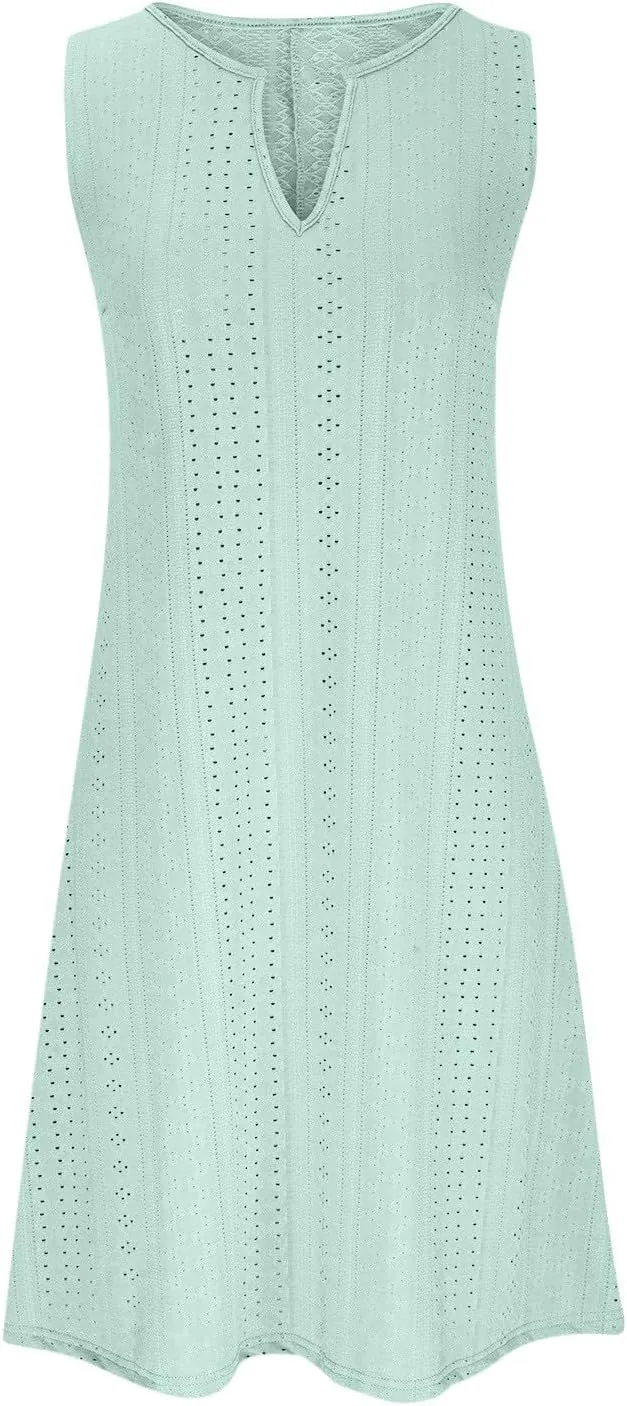 Women's Sleeveless V Neck Eyelet Dress Summer Casual Loose Fit Midi Sundress Elegant Beach Vacation Outfit