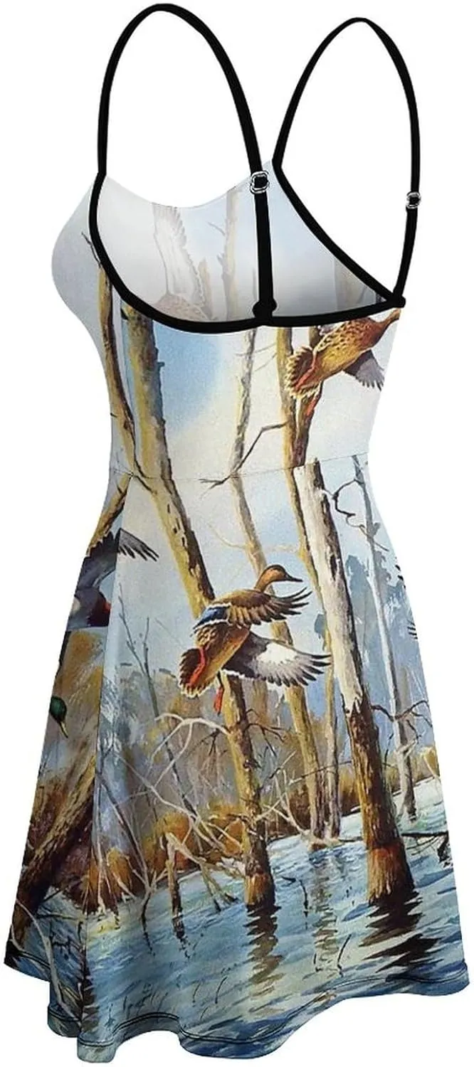 Womens Spaghetti Strap Sleeveless Short Dress Mallard Duck Flying Wildlife Animal Sundress Flowy Swing Dresses