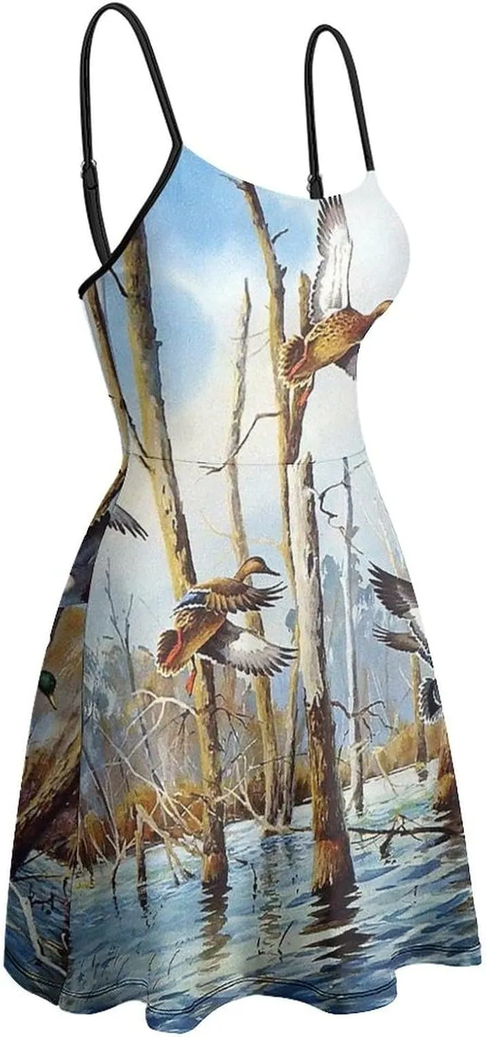 Womens Spaghetti Strap Sleeveless Short Dress Mallard Duck Flying Wildlife Animal Sundress Flowy Swing Dresses