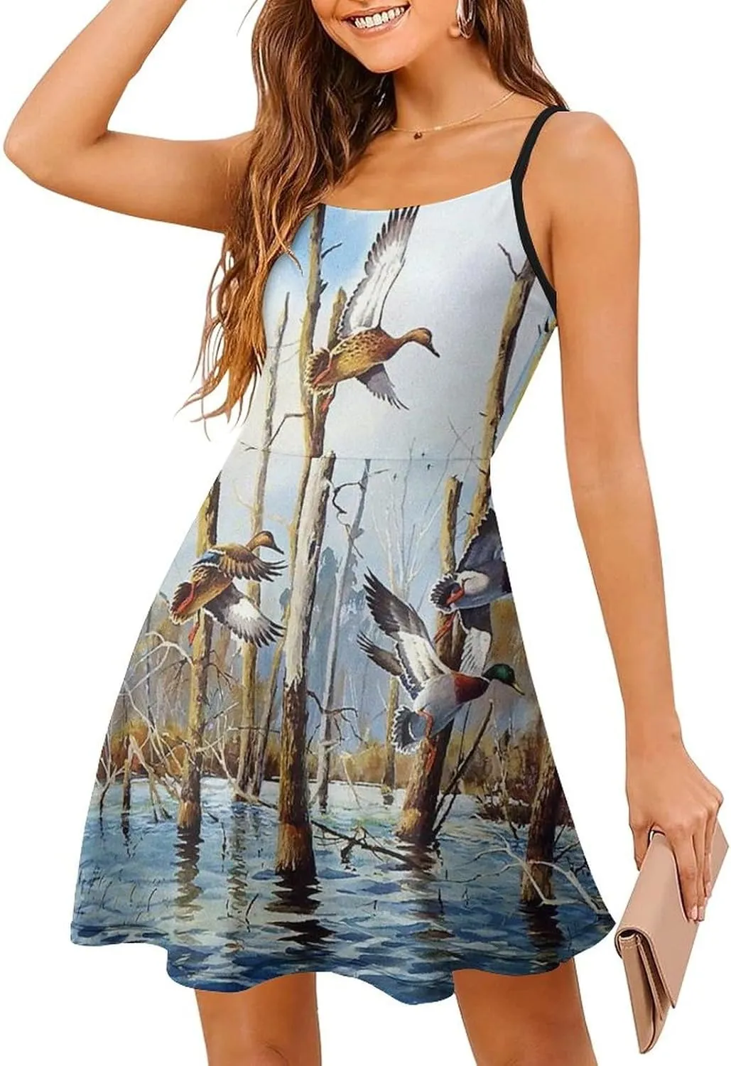 Womens Spaghetti Strap Sleeveless Short Dress Mallard Duck Flying Wildlife Animal Sundress Flowy Swing Dresses