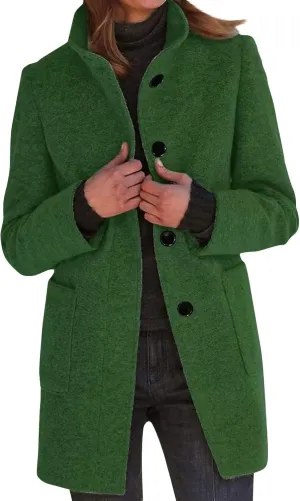 Women's Stand Up Collar Single Breasted Pea Coat Winter Casual Medium Length Trench Coat Solid Colour With Pockets Jacket