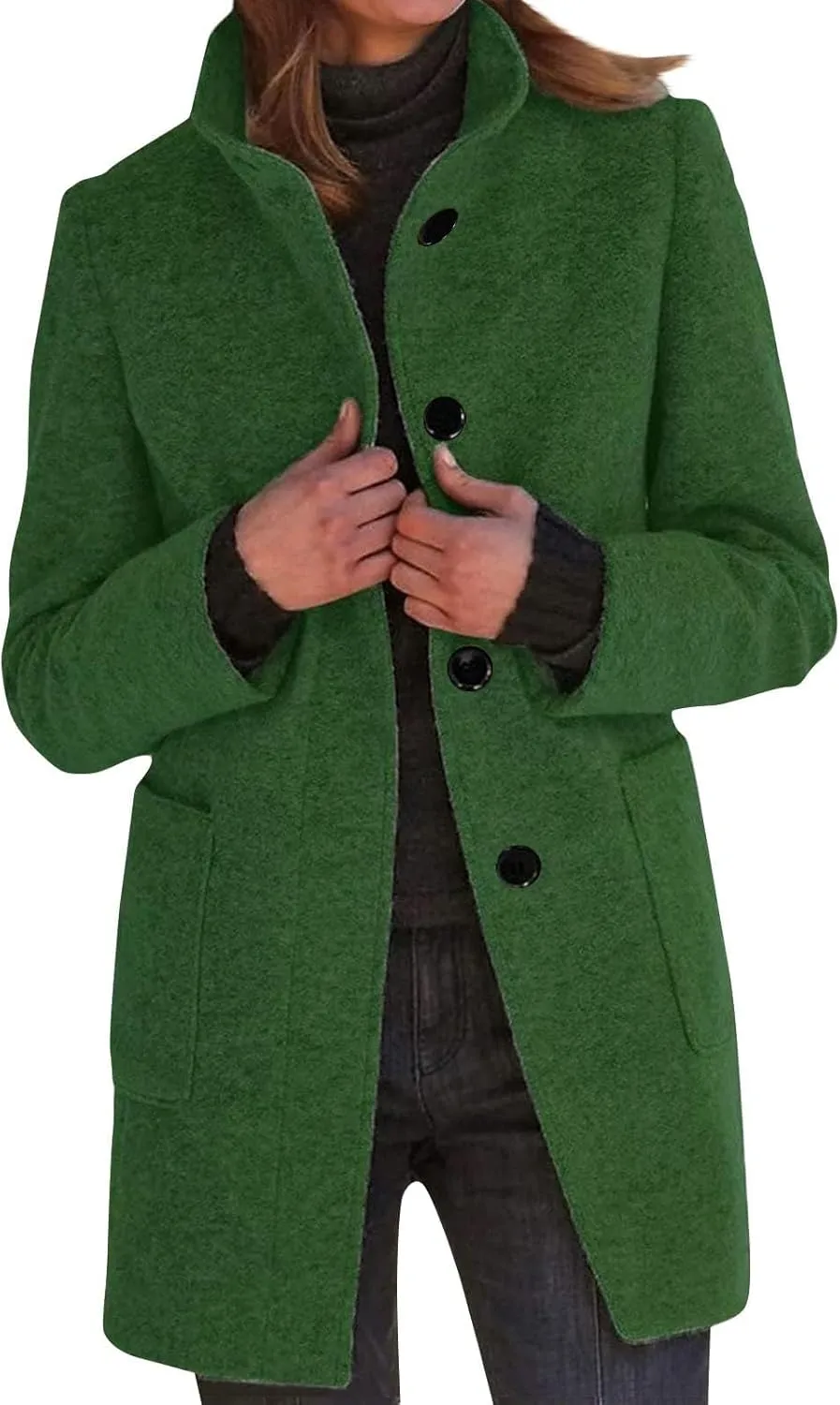 Women's Stand Up Collar Single Breasted Pea Coat Winter Casual Medium Length Trench Coat Solid Colour With Pockets Jacket