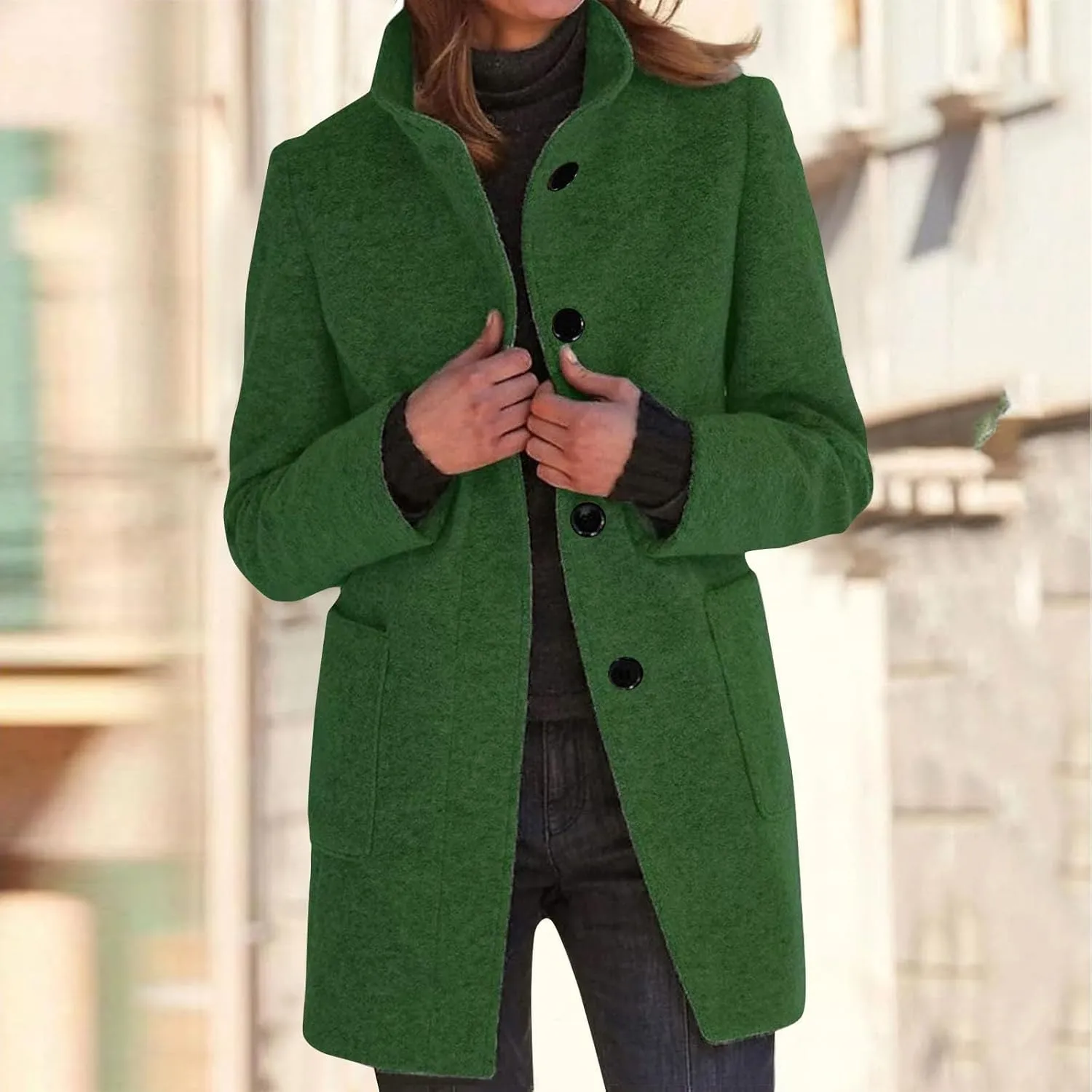 Women's Stand Up Collar Single Breasted Pea Coat Winter Casual Medium Length Trench Coat Solid Colour With Pockets Jacket