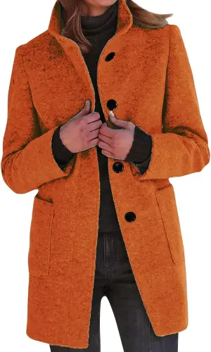 Women's Stand Up Collar Single Breasted Pea Coat Winter Casual Medium Length Trench Coat Solid Colour With Pockets Jacket