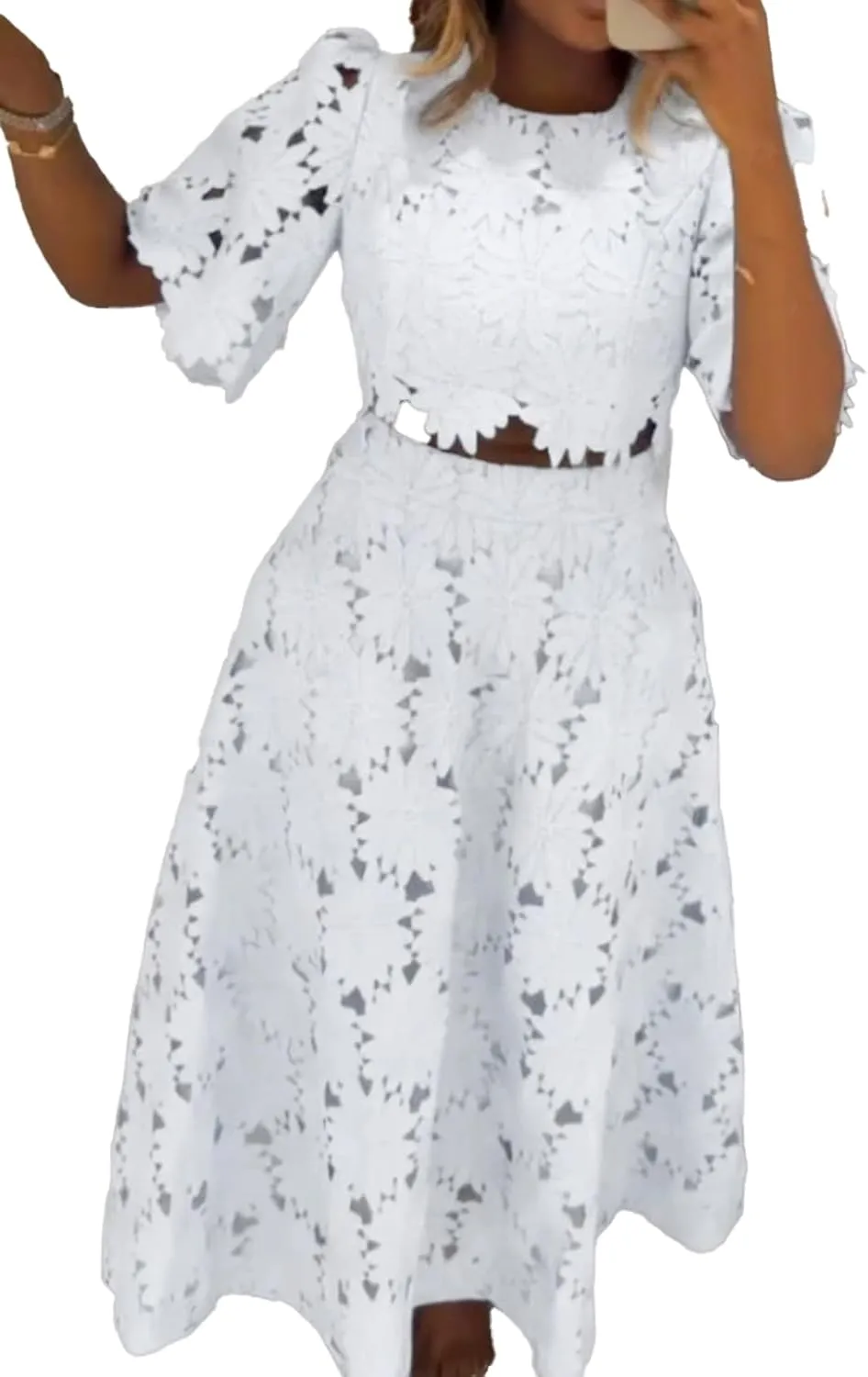Womens Summer 2 Piece Skirt Set Sleeveless Crop Tank Tops Maxi Skirt Set with Pocket Eyelet Nightclub Party Dress