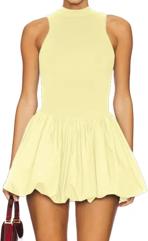Women's Summer Bubble Mini Dress Sexy Mock Neck Sleeveless Tank Dress Party Club Bodycon Short Dresses