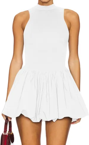 Women's Summer Bubble Mini Dress Sexy Mock Neck Sleeveless Tank Dress Party Club Bodycon Short Dresses