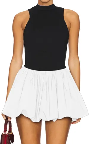 Women's Summer Bubble Mini Dress Sexy Mock Neck Sleeveless Tank Dress Party Club Bodycon Short Dresses