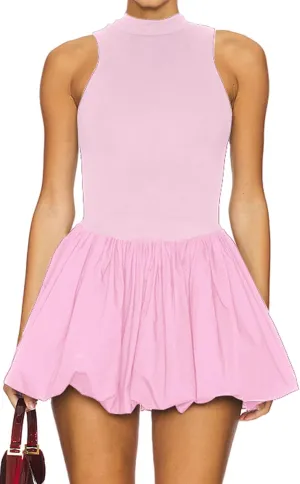 Women's Summer Bubble Mini Dress Sexy Mock Neck Sleeveless Tank Dress Party Club Bodycon Short Dresses